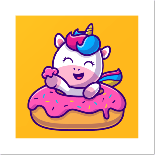 Cute Unicorn Eating Doughnut Cartoon Posters and Art